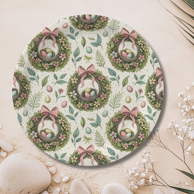 Boxwood Easter Wreath Pink Bow with Egg Paper Plates (Creator Uploaded)