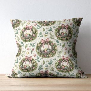 Boxwood Easter Wreath Pink Bow with Egg Throw Pillow