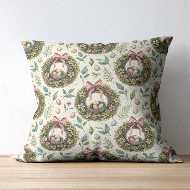 Boxwood Easter Wreath Pink Bow with Egg Throw Pillow (Creator Uploaded)