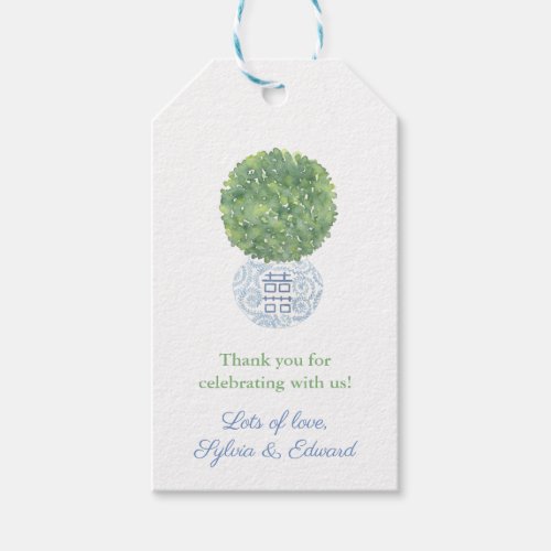 Boxwood Greek Key Green Blue White Wedding Shower Gift Tags - Blue and white ginger jar style . Elements handpainted by me in watercolor.  The reverse side as a "Greek Key" pattern backer. You can change the contrast color (shown here as a vibrant pink) to any color you like by entering the design tool (underneath the text customization area, click to "customize further") then changing the background color on the reverse.