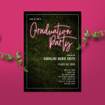Boxwood Pink Neon Sign Graduation Party Invitation by JillsPaperie at Zazzle