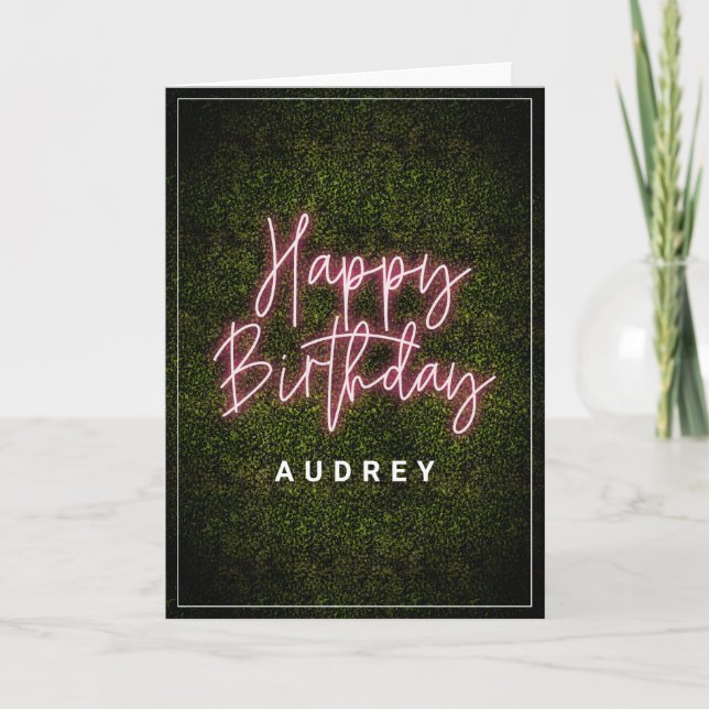 Boxwood Pink Neon Sign Happy Birthday Card (Front)