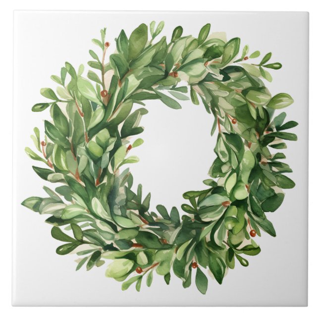 Boxwood Wreath Berries Simple Watercolor Farmhouse Ceramic Tile (Front)
