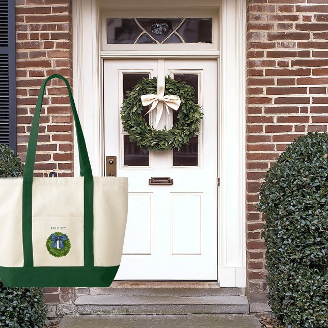 Boxwood Wreath Blue Bow Contrast Trim Boat Tote Bag (boxwood wreath with bow personalized name tote bag)