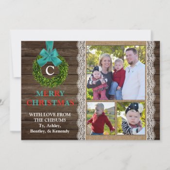 Boxwood Wreath Christmas Card With 3 Family Photos by AshleysPaperTrail at Zazzle