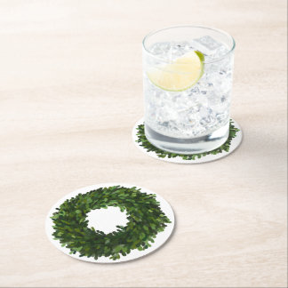 Boxwood Wreath Christmas Holiday Round Paper Coaster