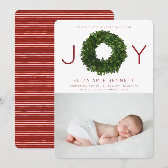 Boxwood Wreath Holiday Birth Announcement (Front/Back)