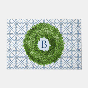 Boxwood Wreath Monogrammed Welcome Doormat