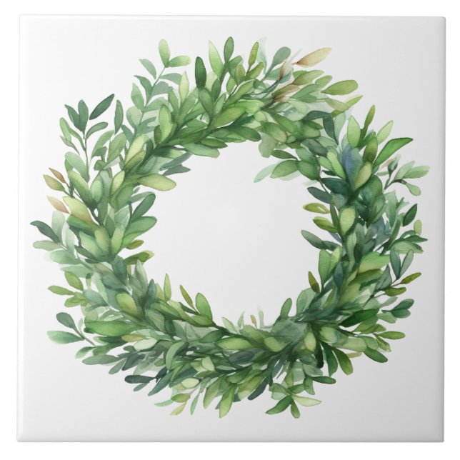 Boxwood Wreath Simple Watercolor Farmhouse Ceramic Tile (Front)