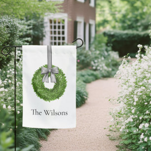 Boxwood Wreath with Black and White Stripe Bow Garden Flag