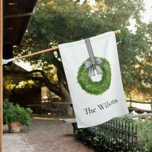 Boxwood Wreath with Black and White Stripe Bow House Flag