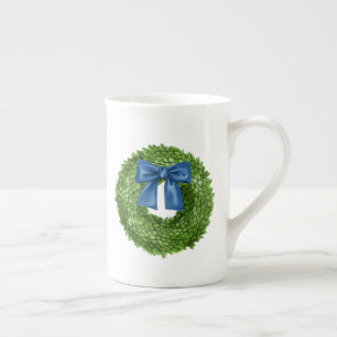 Boxwood Wreath with Blue Bow Ceramic  Bone China Mug