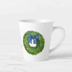 Boxwood Wreath with Blue Bow Ceramic Latte Mug