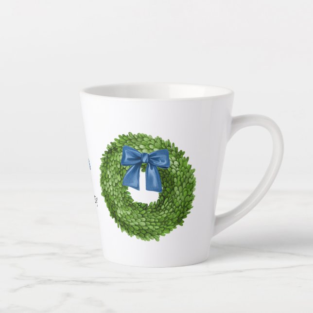 Boxwood Wreath with Blue Bow Ceramic  Latte Mug (Right)