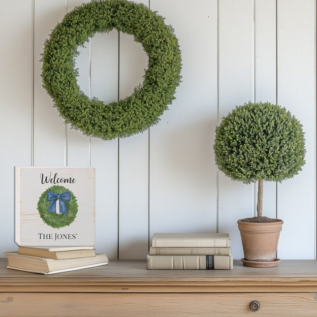 Boxwood Wreath with Blue Bow Wooden Box Sign (personalized boxwood wreath blue bow custom name wooden box sign)