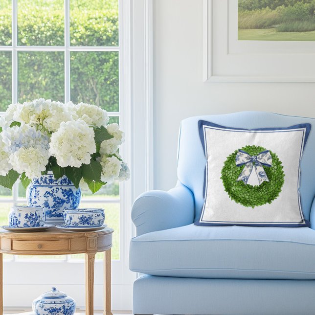Boxwood Wreath with Blue Toile Bow  Throw Pillow (Boxwood wreath with toile bow pillow)