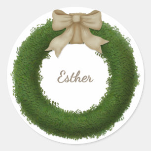 Boxwood Wreath With Bow Custom Name or Greeting Classic Round Sticker