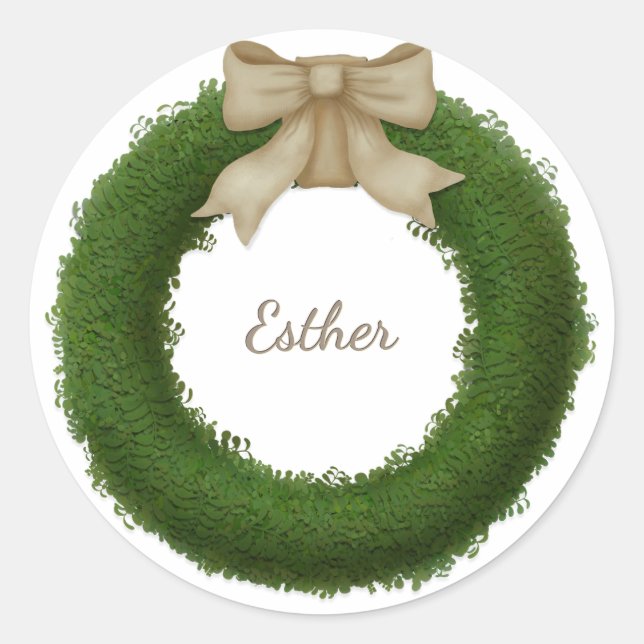 Boxwood Wreath With Bow Custom Name or Greeting Classic Round Sticker (Front)