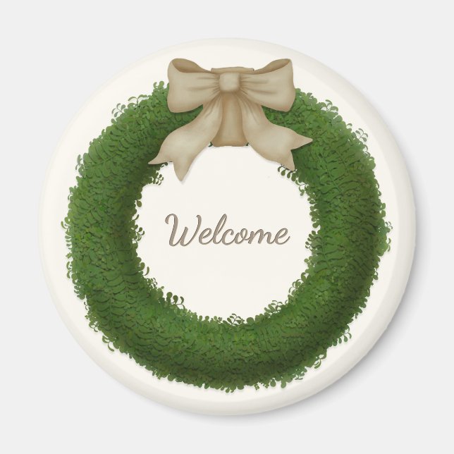 Boxwood Wreath With Bow Custom Name or Greeting Magnet (Front)