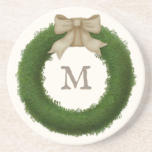 Boxwood Wreath With Rustic Bow Custom Monogram Coaster (Front)