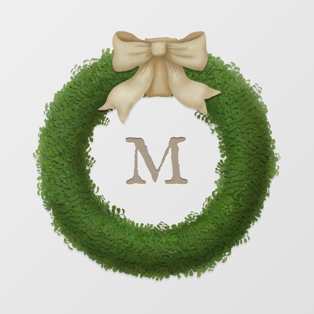 Boxwood Wreath With Rustic Bow Custom Monogram Wall Decal (Front)