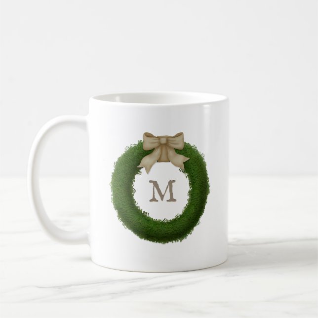 Boxwood Wreath With Rustic Bow Custom Monogrammed Coffee Mug (Left)