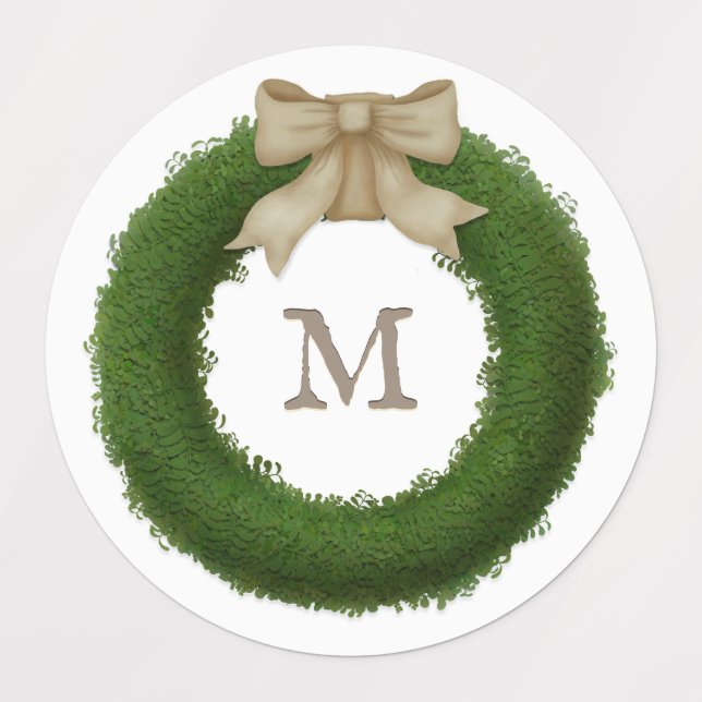 Boxwood Wreath With Rustic Bow Custom Monogrammed Labels (Design 1)