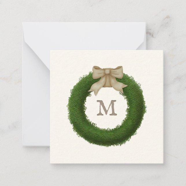 Boxwood Wreath With Rustic Bow Custom Monogrammed Note Card (Front)