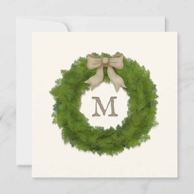 Boxwood Wreath With Rustic Bow Custom Monogrammed  Thank You Card (Front)