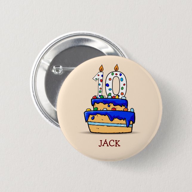 Boy 10th Birthday, 10 on Sweet Blue Cake Button (Front & Back)