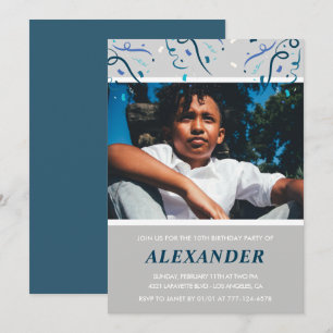 Boy 10th birthday invitations Confetti Photo Navy