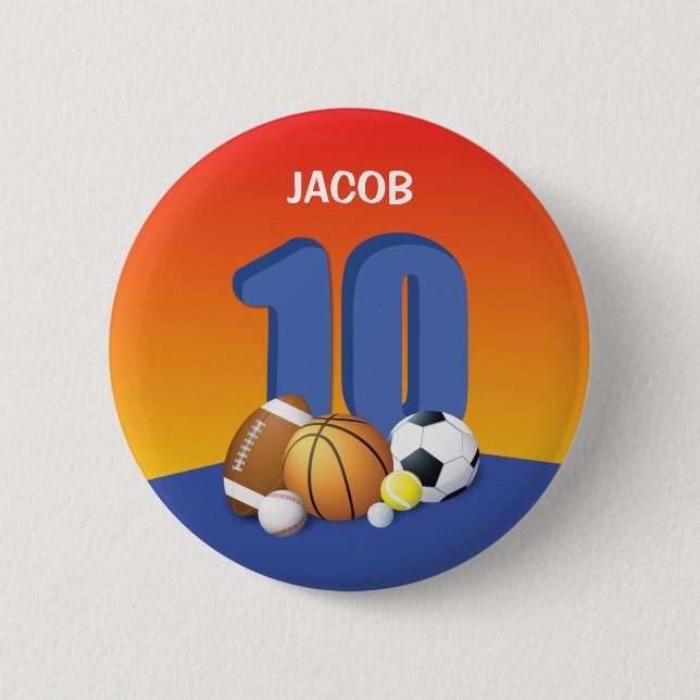 Boy 10th Birthday Sports Balls Button (Front)