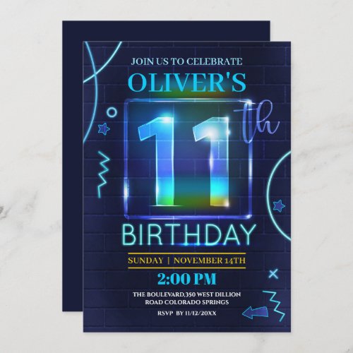 Boy 11th Birthday Neon Glow Party Invite