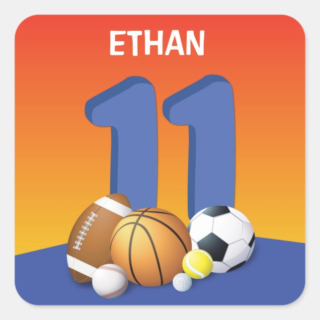 Boy 11th Birthday Sports Balls Square Sticker (Front)