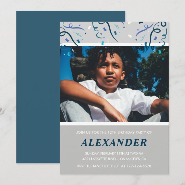 Boy 12th birthday invitations Confetti Photo Navy (Front/Back)