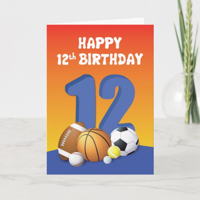 Boy 12th Birthday Sports Balls Card (Front)