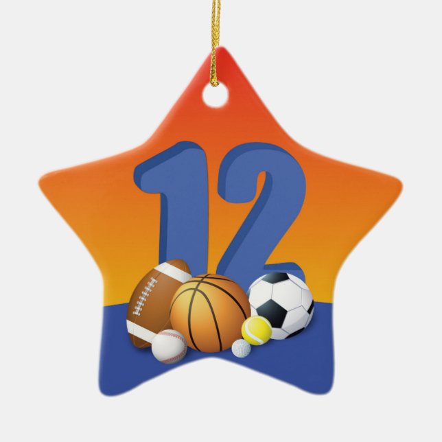 Boy 12th Birthday Sports Balls Ceramic Ornament (Front)