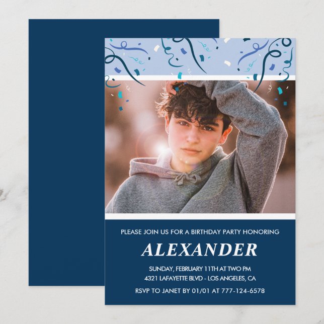 Boy 14th birthday invitations Photo Navy Blue (Front/Back)