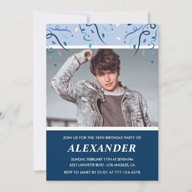Boy 18th birthday invitations Photo Navy (Front)