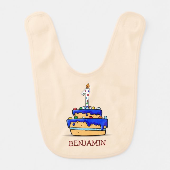 Boy 1st Birthday, 1 on Sweet Blue Cake Baby Bib (Front)