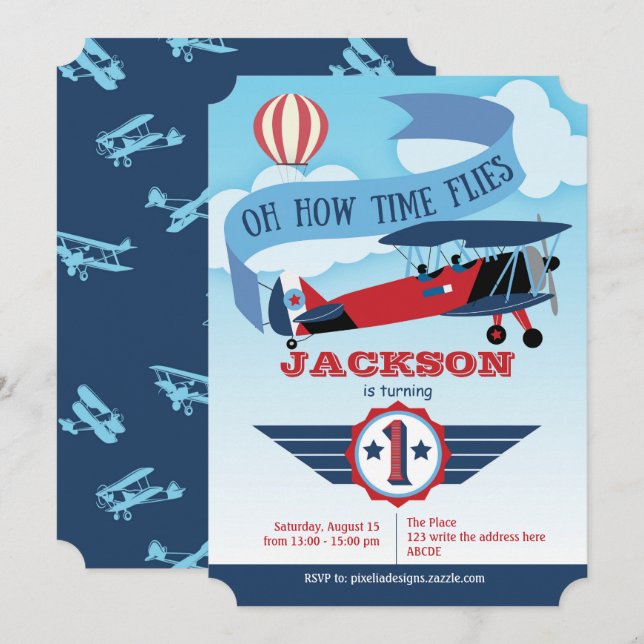 Boy, 1st Birthday, Aeroplane, Time Flies, Aviation Invitation (Front/Back)