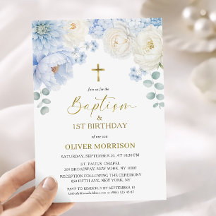 Boy 1st Birthday Baptism Blue Gold Floral Elegant Invitation