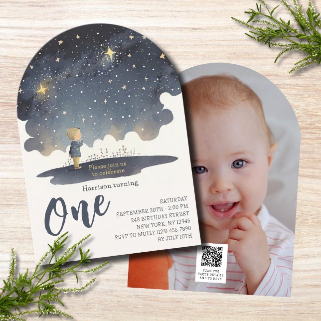 Boy 1st Birthday Celestial Stars Photo Invitation (Creator Uploaded)