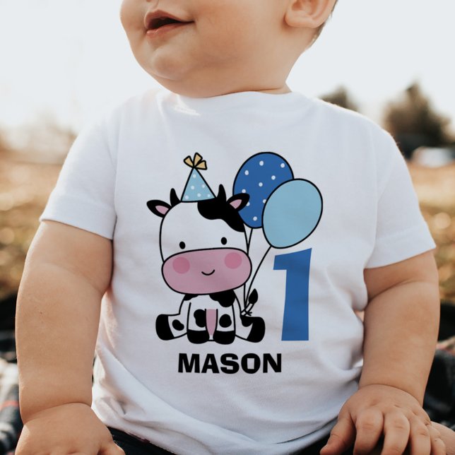 Boy 1st Birthday Cute Cow Balloons Personalized Baby T-Shirt (Creator Uploaded)