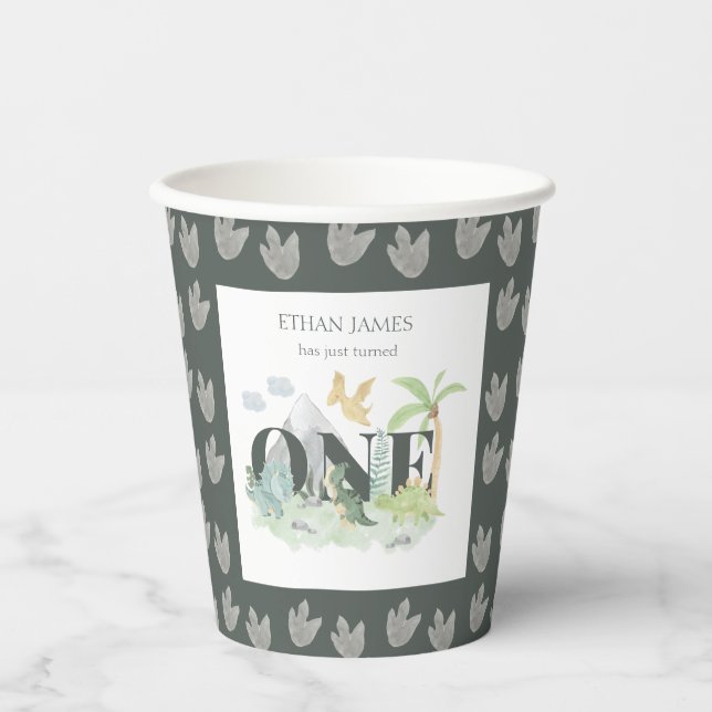 Boy 1st Birthday Cute Jungle Dinosaur Watercolor Paper Cups (Front)