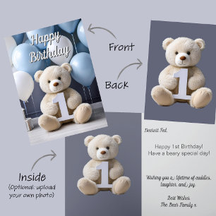 Boy 1st Birthday Cute Teddy Bear & Balloons Card