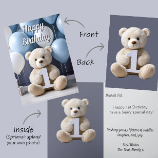 Boy 1st Birthday Cute Teddy Bear & Balloons Card