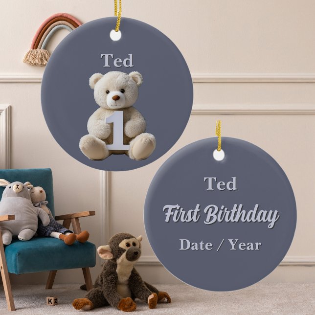 Boy 1st Birthday Cute Teddy Bear & Balloons Ceramic Ornament (Baby 1st birthday milestone keepsake ornament cute teddy bear name date and special occasion fields)