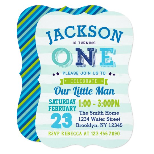Boy 1st Birthday Invitation Blue Green Little Man