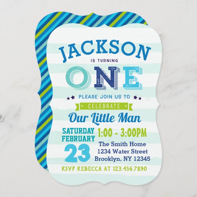 Boy 1st Birthday Invitation Blue Green Little Man (Front/Back)